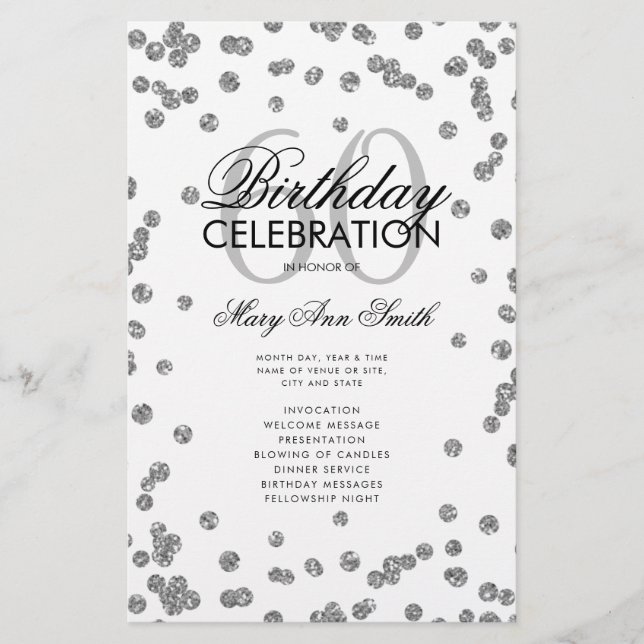 60:e Födelsedagsfesten Silver Glitter w/ Menu Flygblad (Framsidan)