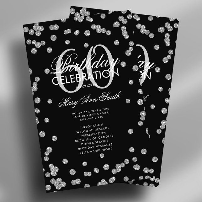 60:e Födelsedagsfesten Silver Glitter w/ Menu Flygblad (60th Birthday Party Program Silver Glitter w/ Menu Flyer)