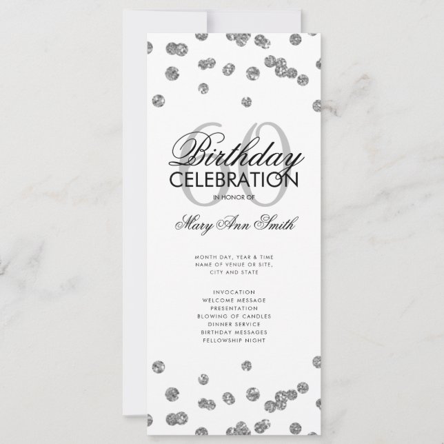 60:e Födelsedagsfesten Silver Glitter w/ Menu Inbjudningar (Framsida)