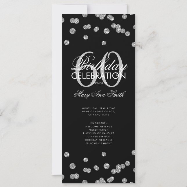 60:e Födelsedagsfesten Silver Glitter w/ Menu Inbjudningar (Framsida)