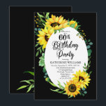 60:e Födelsedagsfesten Solros | Blommigt av eukaly Inbjudningar<br><div class="desc">Klassskt och stilfullt moderna solblommor och eukalyptus grey ram är "60:e Födelsedagsfesten" på en redigerbar svart bakgrund. Baksidan har en koordinerande solrosbukett även på en redigerbar svart bakgrund.</div>