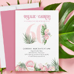 60:e Födelsedagsfesten Tropical Rosa Protea Number Inbjudningar<br><div class="desc">60:e födelsedagsfest inbjudan med 60 dekorerade med tropiska handflatan-löv,  rosa-proteablommor och kokosnöt. Diskret feminin- och elegant med vattenfärgsarrangemang för blommigt i skuggor av rosa och grönt. Perfekt för 60-årsjubileum,  luau party eller trädgårdstek party.</div>