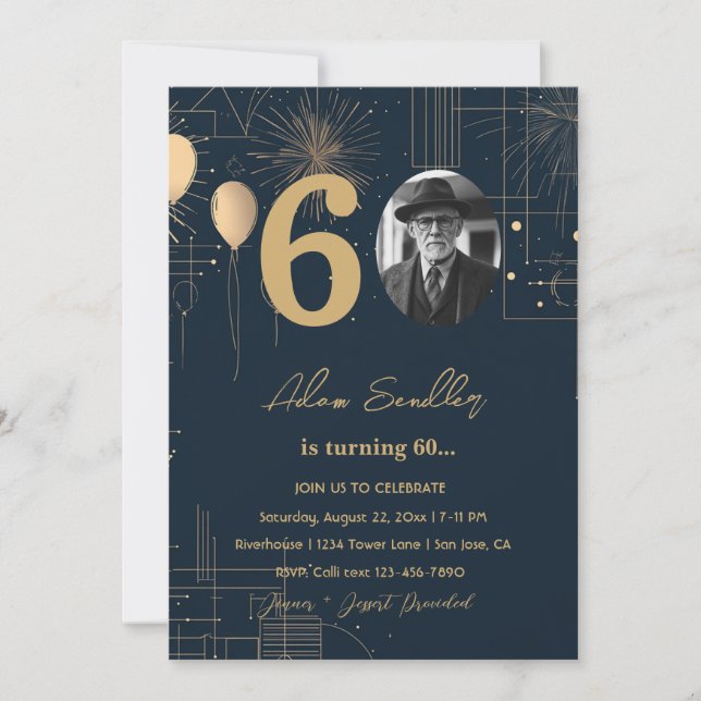 60:e födelsedagsfestens ballonger och fyrverkerier inbjudningar (Framsida)