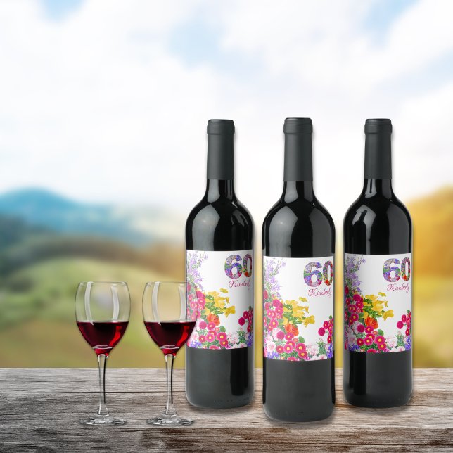 60:e födelsedagsfestens blombouquet vin-etiketter vinflaska etikett (Skapare uppladdad)