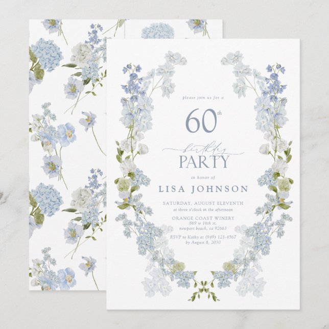 60:e Födelsedagsfestens Elegant Dusty Blue-Blommig Inbjudningar (Fram/baksida)