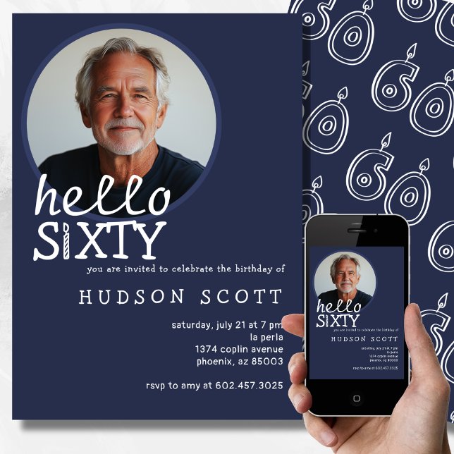 60:e Födelsedagsfestens foto 60 Modern Navy Blue Inbjudningar (Skapare uppladdad)