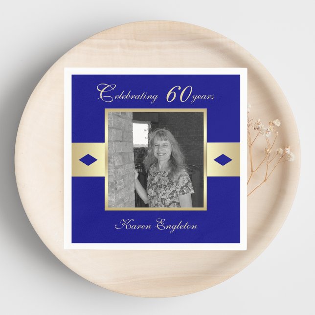 60:e Födelsedagsfestens foto på marinblått Pappersservett (Skapare uppladdad)