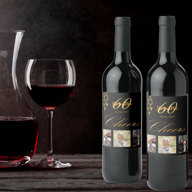 60:e födelsedagsfestens fotoskript med svart guld- vinflaska etikett (Skapare uppladdad)