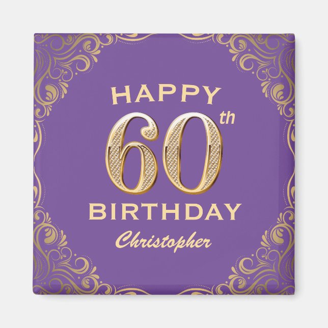 60:e Födelsedagsfestens Lila och Guld Glitter Ram Magnet (Framsidan)