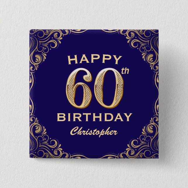 60:e Födelsedagsfestens marinblått och Guld Glitte Knapp (Framsida)