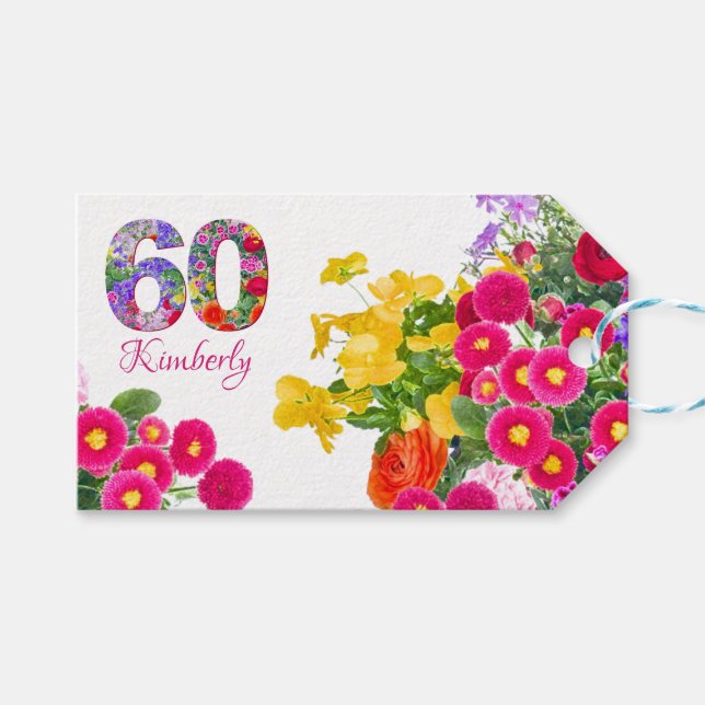60:e födelsedagsfestens märkre för blommigt av buq presentetikett (Framsidan (Horisontell))