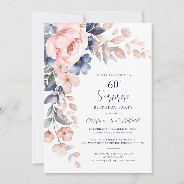 60:e Födelsedagsfestens Rosa Blommigt Inbjudningar (Framsida)