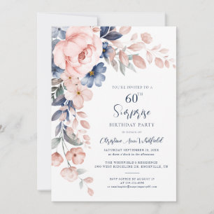 60:e Födelsedagsfestens Rosa Blommigt Inbjudningar