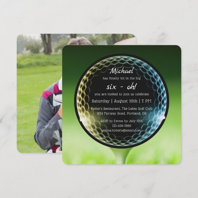 60:e Födelsedagsfestens stora sexoårige Golf-foto Inbjudningar (Fram/baksida)