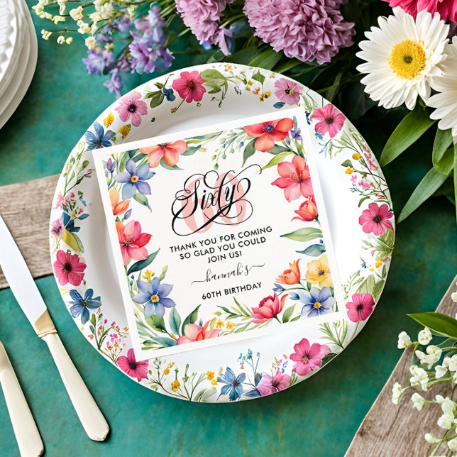 60:e Födelsedagsfestens vattenfärgsBlommigt Pappersservett (Skapare uppladdad)