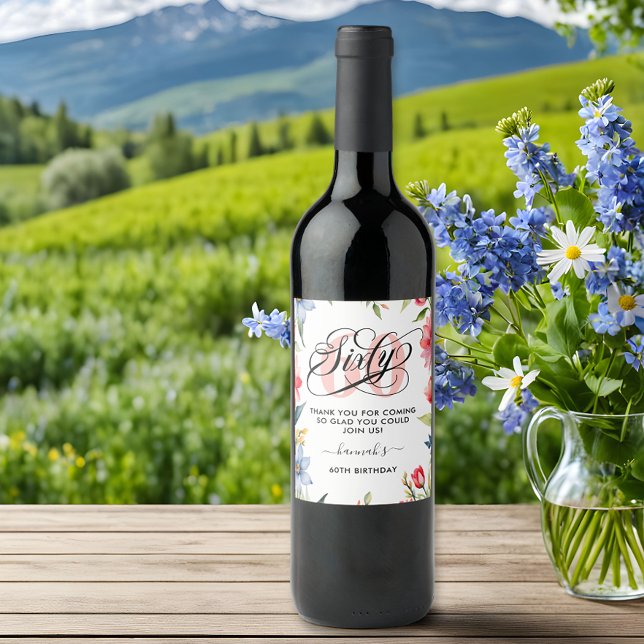 60:e Födelsedagsfestens vattenfärgsBlommigt Vinflaska Etikett (Skapare uppladdad)