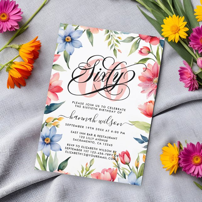 60:e Födelsedagsfestens vattenfärgsfoto för Blommi Inbjudningar (Skapare uppladdad)