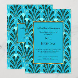 60:e födelsedagsinbjudan Art Deco-Grönt Blue Teal Inbjudningar