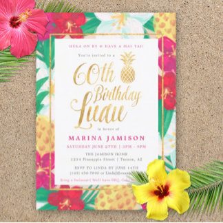 60:e födelsedagsinbjudan till Luau | Rosa och Guld Inbjudningar