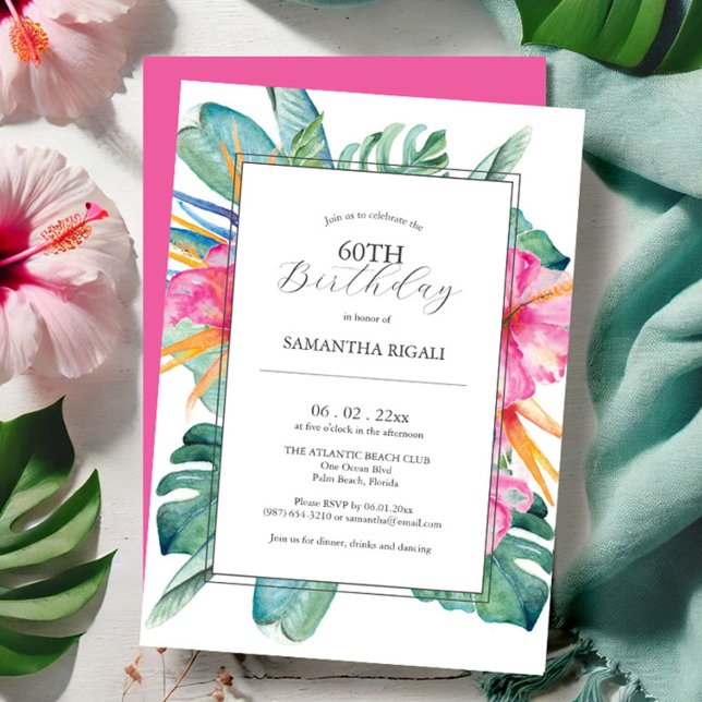 60:e födelsedagsinbjudan Tropical Luau Inbjudningar (60th birthday invitations for her tropical floral palm leaf art Victoria Grigaliunas DoTellABelle)