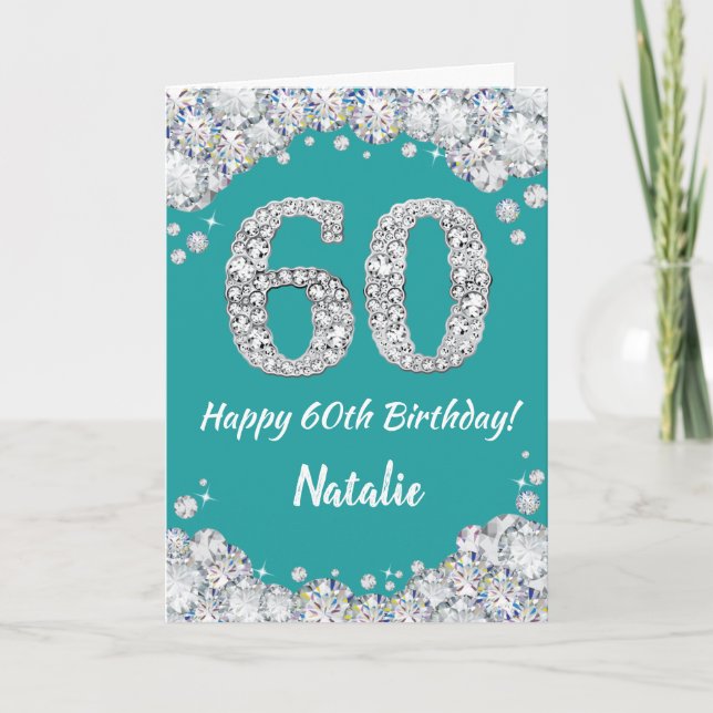 60:e födelsedagskortet Lycklig och Silver Glitter Kort (Framsida)