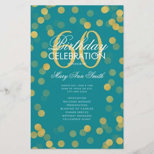 60:e födelsedagsprogrammet Guld Confetti Menu Teal Flygblad (Framsidan)