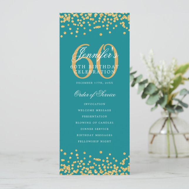 60:e födelsedagsprogrammet Guld Teal Confetti Inbjudningar (Stående Fram)