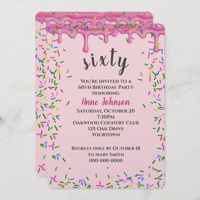 60:e födelsedagstidningens Rosa Icing and Sprinkle Inbjudningar (Fram/baksida)