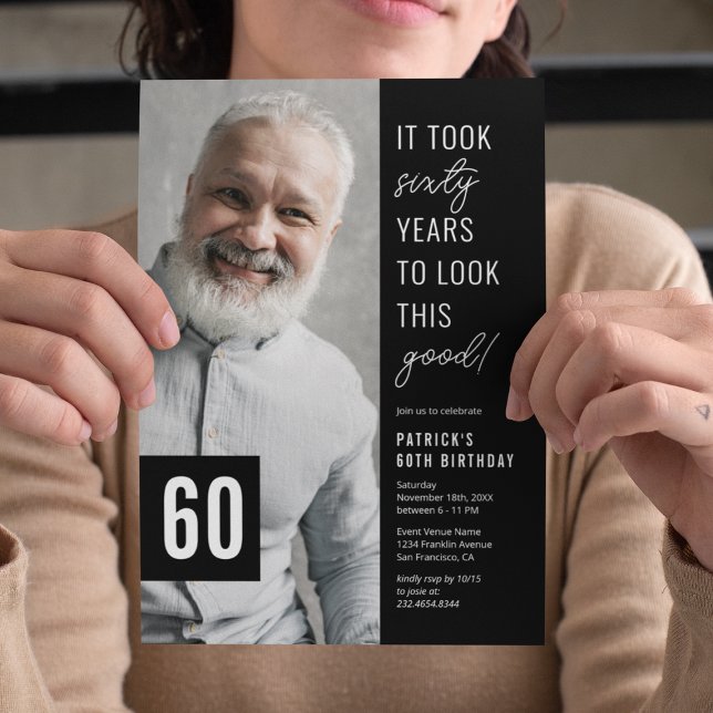60:e fotot med svartvitt och 60:e Födelsedagsfeste Inbjudningar (Skapare uppladdad)