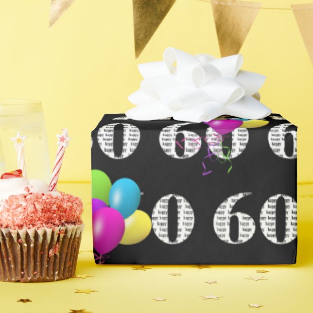 60:e Grattis på födelsedagen-ballongen på svart Presentpapper (Födelsedagsfest)