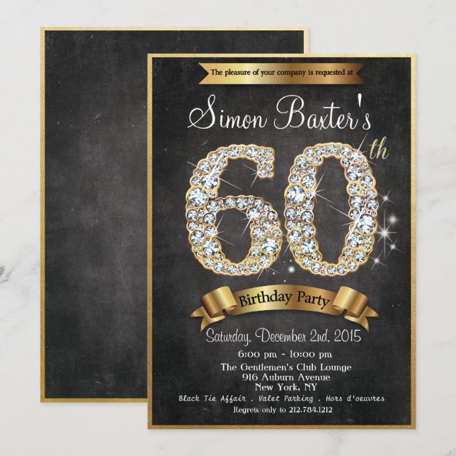 60:e Guld Diamond Chalkboard Birthday-inbjudan Inbjudningar (Fram/baksida)