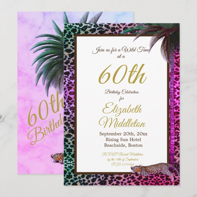 60:e leopard Handflatan Vild Lila födelsedag Inbjudningar (Fram/baksida)