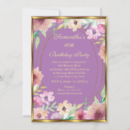 60:e Lila Blommigt Guld Födelsedagsfest inbjudan