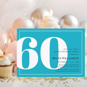 60:e Modern Aqua och White Script Birthday Inbjudningar