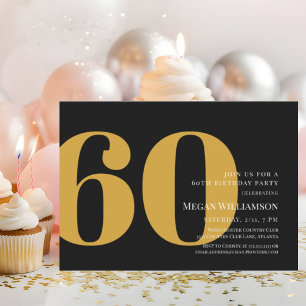 60:e Modern Guld och Black Script Birthday Inbjudningar