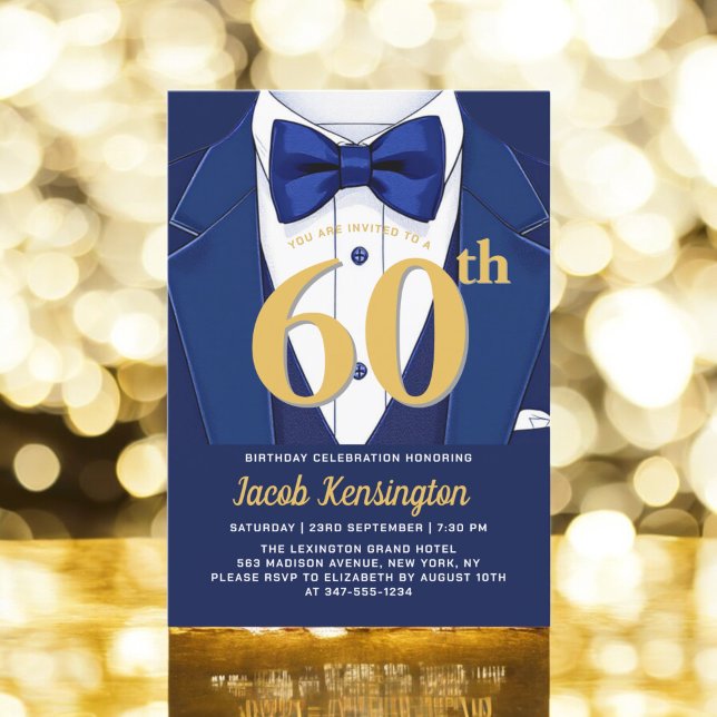 60:e navy Blue and Guld Tuxedo Birthday Event Inbjudningar (Skapare uppladdad)