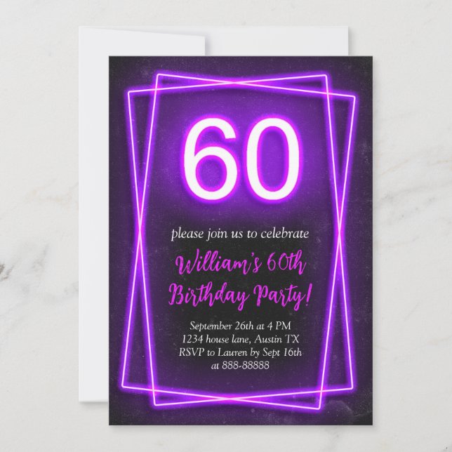 60:e Neon Ljus Retro Black Chic 60-årsjubileum Inbjudningar (Framsida)