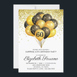 60:e överraskningsdagen Black Guld Glitter Inbjudningar<br><div class="desc">Svart och guld-ballonger och konetti 60:e födelsedagsfesten inbjudan. Bold Black och guld stil med modernt skripttypsnitt. Anpassa för alla åldrar. 40,  50,  60,  70,  80,  90 och senare.</div>