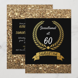 60:e Svarta Guld-Glitter-Elegant födelsedagsfest Inbjudningar
