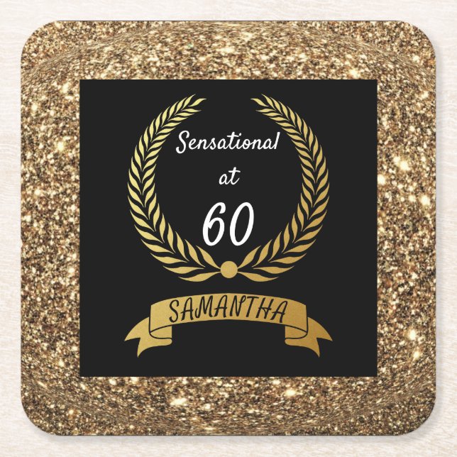 60:e Svarta Guld-Glitter-Elegant födelsedagsfest Underlägg Papper Kvadrat (Framsidan)