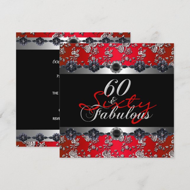 60 & Fabulous 60:e Födelsedagsfesten Silver Red Inbjudningar (Fram/baksida)
