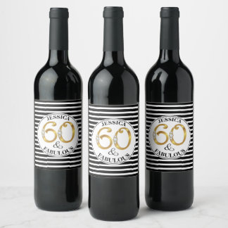 60 & Fabulous Birthday Vinflaska Etikett