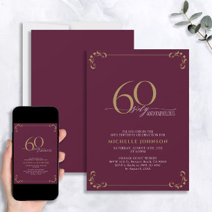 60 & Fabulous Burgundy White & Guld Birthday Inbjudningar