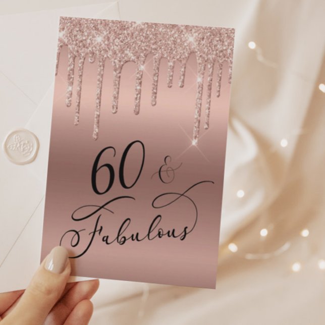 60 Fabulous Glitter Ro Guld Födelsedagsfest Inbjudan Vykort (Skapare uppladdad)