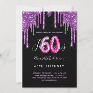 60 & Fabulous glitter som droppar svart lila glam Inbjudningar