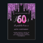60 & Fabulous glitter som droppar svart lila glam Vykort<br><div class="desc">En giftig och feminin 60 och Fabulous födelsedagsfest inbjudan. På framsidan: En svart bakgrund för chicen. Dekoreras med mörk lila faux glitter drops,  färgdroppstift. Anpassa och lägg till information om namn och party. Namn är skrivet med ett handskript stil,  light lila färgad brev. Ålder: 60 med trendiget stil-typsnitt.</div>