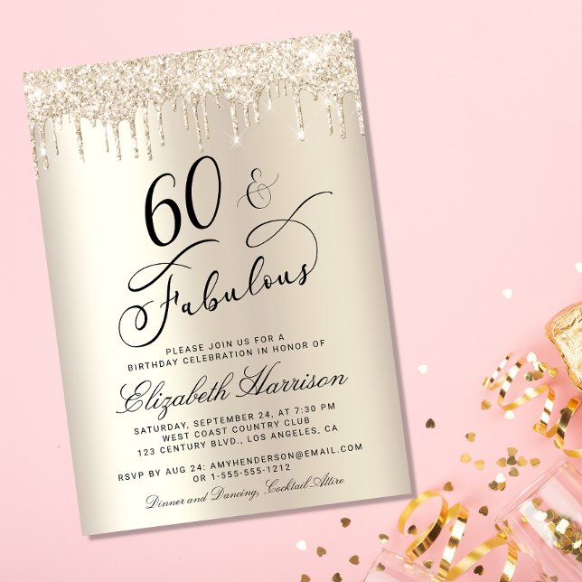 60 Fabulous Guld Glitter Födelsedagsfest Inbjudningar (Celebrate her 60 years of sparkle with an elegant gold glitter birthday party invitation  🎉 🎂 🥂)