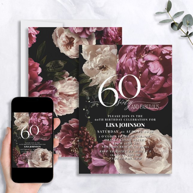 60 & Fabulous Moody Burgundy  Botanical Inbjudningar (Skapare uppladdad)
