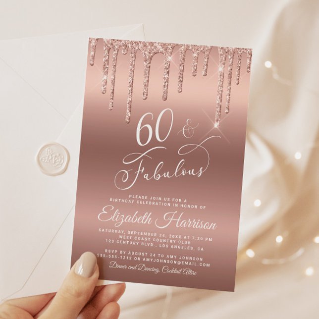 60 Fabulous Ro Guld Glitter Födelsedagsfest Inbjudningar (60 & Fabulous: Toast to a Life Well Celebrated!)