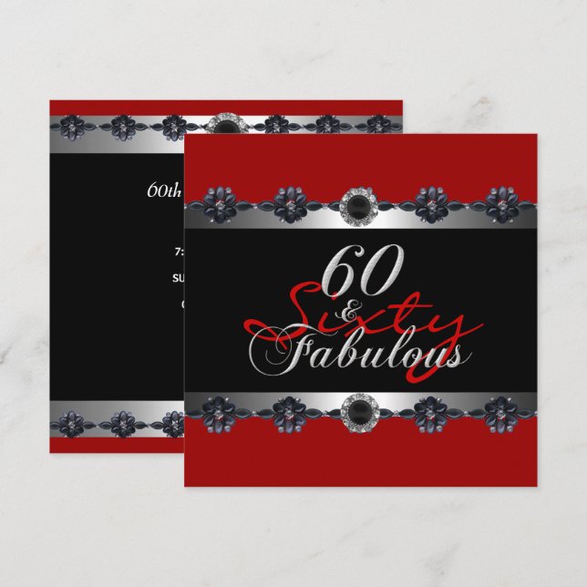 60 & Fantastisk 60-årsfest Silver Röd Inbjudningar (Fram/baksida)